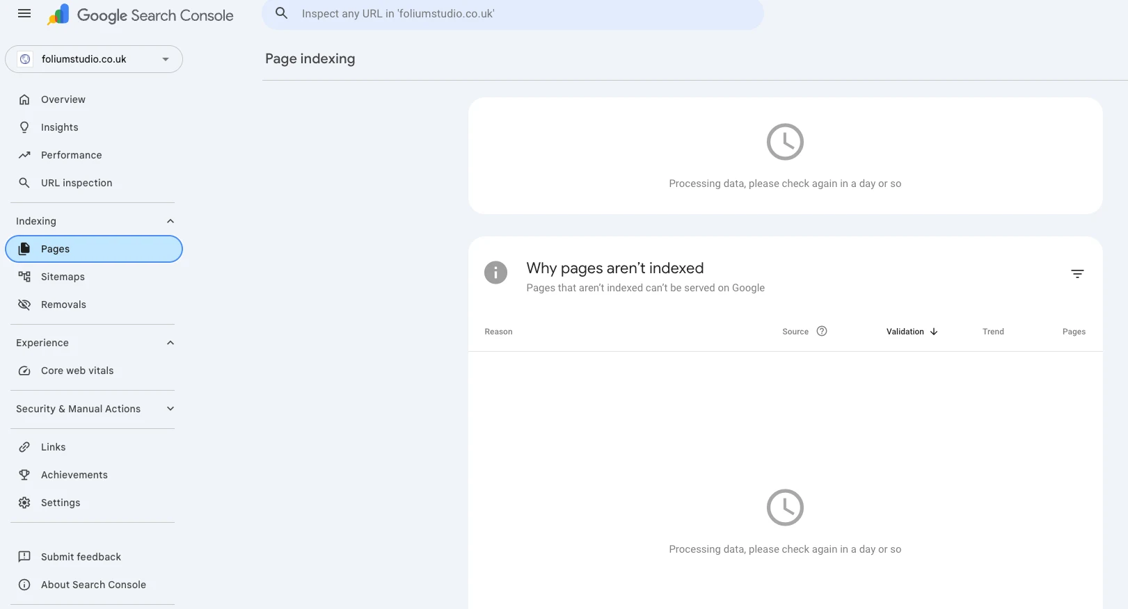 Google Search Console Page indexing report for foliumstudio.co.uk showing 'Processing data, please check again in a day or so' for both the indexed-pages chart and the 'Why pages aren't indexed' table.