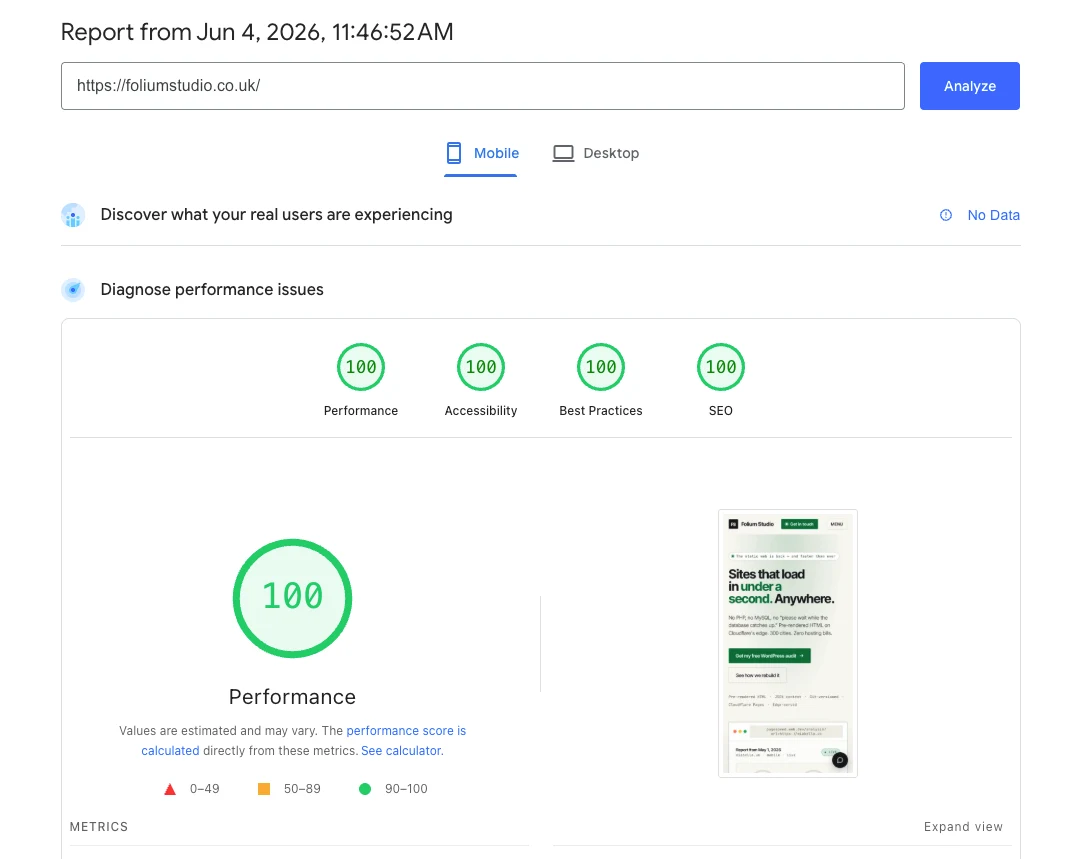 Google PageSpeed Insights mobile report for foliumstudio.co.uk dated 4 June 2026, showing Performance 100, Accessibility 100, Best Practices 100, and SEO 100 — all green.
